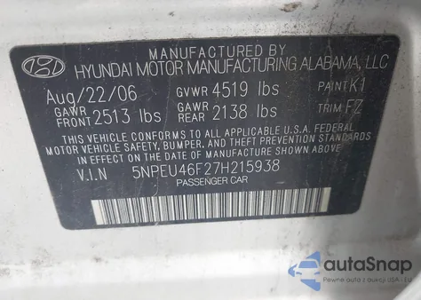 2007 Hyundai Sonata Limited/Se V6 z USA, uszkodzony, nr VIN 5NPEU46F27H215938